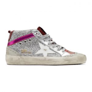 Golden Goose Silver and Pink Glitter Mid Star Sneakers (G35WS634.Q5)