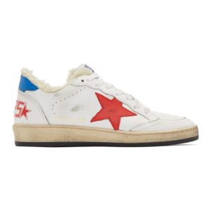 Golden Goose White and Red Shearling Ball Star Sneakers (G35WS592.V8)