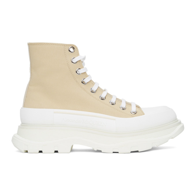 Alexander McQueen Tan Canvas Platform High-Top Sneakers (611706W4L3A)