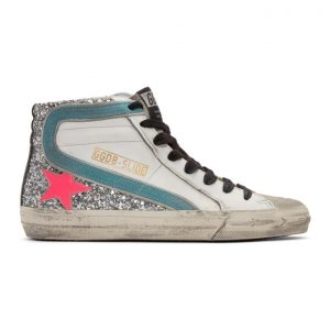 Golden Goose White and Silver Glitter Slide Sneakers (G36WS595.A76)