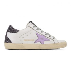 Golden Goose White and Purple Glitter Heel Superstar Sneakers (G36WS590.S71)