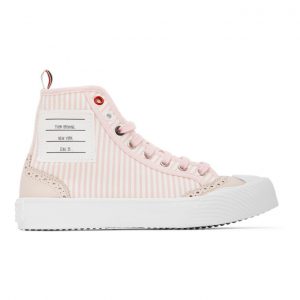 Thom Browne Pink and White Striped Brogued High-Top Sneakers (FFD047B-00572)