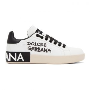 Dolce and Gabbana White and Black Logo Portofino Sneakers (CK1544 AW710)