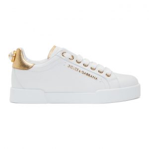 Dolce and Gabbana White and Gold Pearl Portofino Sneakers (CK1602 AN298)