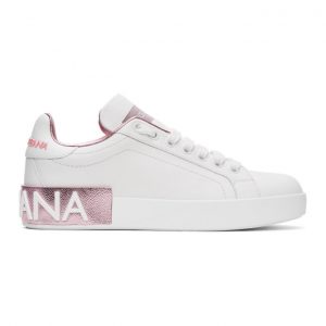 Dolce and Gabbana White and Pink Portofino Sneakers (CK1544 AX615)