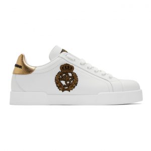 Dolce and Gabbana White and Gold Crest Portofino Sneakers (CS1761 AH136)