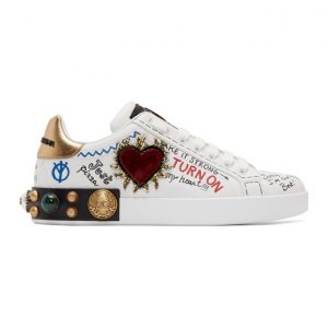 Dolce and Gabbana White Heart Graffiti Portofino Sneakers (CS1759 AH029)
