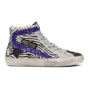 Golden Goose Black and White Zebra-Purple Slide Sneakers (G34WS595.A11)