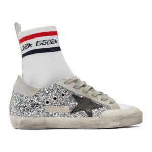 Golden Goose White and Silver Superstar Sock High-Top Sneakers (G34WS590.O55)
