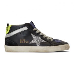 Golden Goose Black and Silver Glitter Mid Star Sneakers (G35WS634.T2)