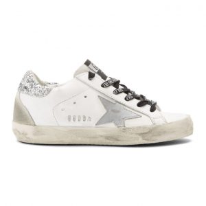 Golden Goose White and Silver Glitter Tab Superstar Sneakers (G35WS590.R55)