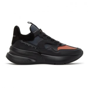 Alexander McQueen Black and Orange Panelled High Sneakers (627196WHXIL)