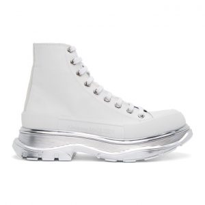 Alexander McQueen White and Silver Tread Slick Platform High Sneakers (627205W4N12)