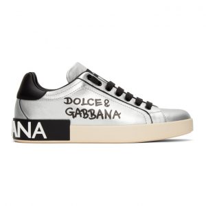 Dolce and Gabbana Silver and Black Writing Portofino Sneakers (CS1772 AW151)