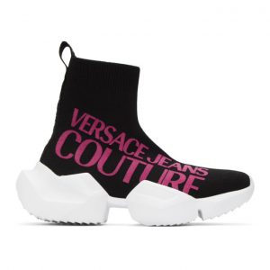 Versace Jeans Couture Black and Pink Macro Logo Sock Sneakers (EE0VZASU1 E71624)
