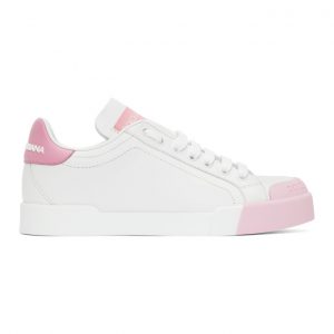 Dolce and Gabbana White and Pink Portofino Sneakers (CK1802 AW113)
