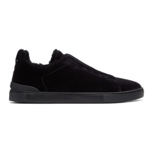 Ermenegildo Zegna Black Shearling Triple Stitch Sneakers (LHSMI A4715X)