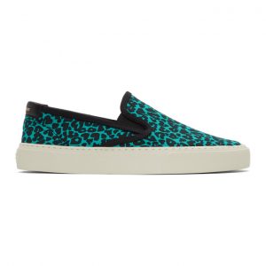 Saint Laurent Blue and Black Leopard Venice Slip-On Sneakers (585742 2OW10)