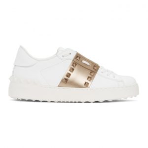 Valentino White and Bronze Valentino Garavani Rockstud Open Sneakers (VW2S0A01HEL)
