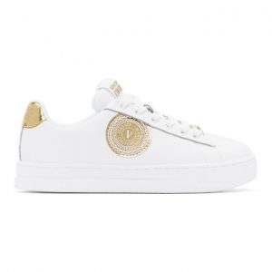 Versace Jeans Couture White and Gold 88 V-Emblem Court Sneakers (EE0VWASK6E71927)