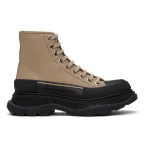 Alexander McQueen Taupe and Black Leather Tread Slick High Sneakers (633900WHZ62)