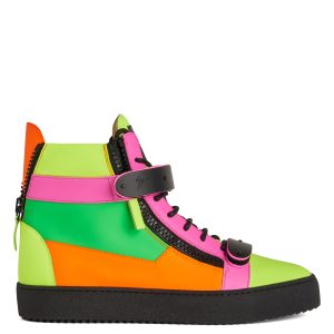 Giuseppe Zanotti Sneakers montantes confectionnées en cuir fluo multicolore avec lacets en coton noir, dotées d’un détail signature » en métal caoutchouté noir sur la languette et de fermetures à glissière noires sur les côtés de la tige. la semelle en caoutchouc noir off (RU20068001)
