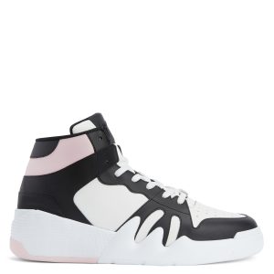 Giuseppe Zanotti Sneakers hautes talon» confectionnées en cuir noir et blanc avec un détail en cuir rose, une doublure intérieure en tissu technique noir et des lacets en coton blanc. ce modèle est doté d’un détail signature » en tissu avec un logo caoutchouté noir et d’u (RU20022002)