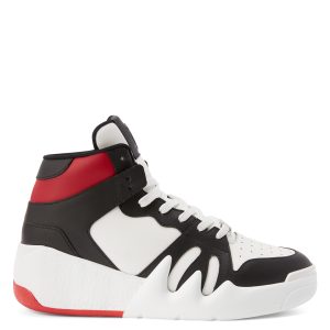Giuseppe Zanotti Sneakers hautes talon» confectionnées en cuir noir et blanc avec un détail en cuir rouge, une doublure intérieure en tissu technique noir et des lacets en coton blanc. ce modèle est doté d’un détail signature » en tissu avec un logo caoutchouté noir et d‘ (RW20017002)