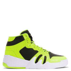 Giuseppe Zanotti Sneakers hautes talon» confectionnées en cuir noir et cuir jaune fluo imprimé crocodile, avec une doublure intérieure en tissu technique et des lacets en coton assortis. ce modèle est doté d’une signature» en métal laqué noir sur la languette et d’une sem (RU20019001)