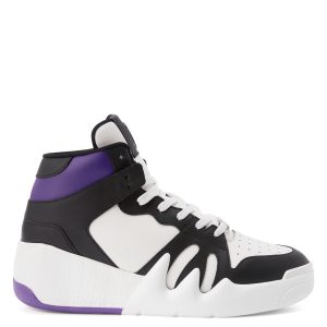Giuseppe Zanotti Sneakers hautes talon» confectionnées en cuir noir et blanc avec un détail en cuir violet, une doublure intérieure en tissu technique noir et des lacets en coton blanc. ce modèle est doté d’un détail signature » en tissu avec un logo caoutchouté noir et d (RW20017004)